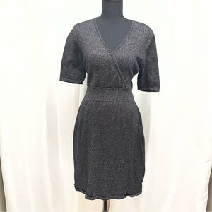 Liz Claiborne Shimmering Black Midi Surplice Dress V-Neck Short Sleeve L